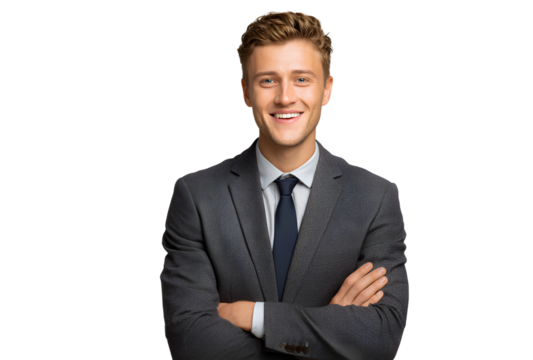Smiling young businessman in suit with crossed arms standing confidently against transparent background 110 characters