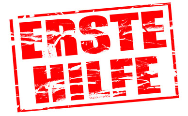 Digitaler Composite. Roter Gummistempel-Effekt. Erste Hilfe. Erste Hilfe (deutsch) Kit, medizinisch, Notfall, Hilfe, Hilfe, Erstreaktion.