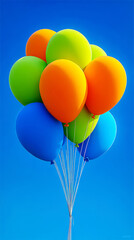 Bright Orange, Green, and Blue Balloons Floating Against a Vivid Blue Sky