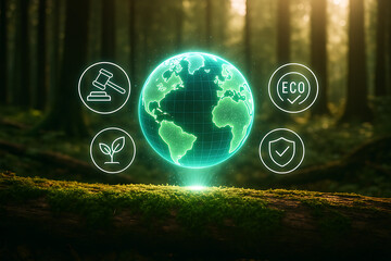 Glowing neon earth globe floating above a mossy log in a deep forest with icons representing law, ecology, sapling growth, and environmental protection shield