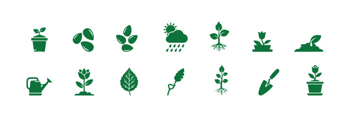 Flat icons of plants in a vector set. This set features icons like seedlings, seeds, conditions for growth, leaves, and growing plants, among others. Everything is pixel perfect.

