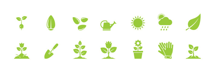 A collection of flat plant icons. It includes icons for seedlings, seeds, growth conditions, leaves, growing plants, and more. All pixel perfect.

