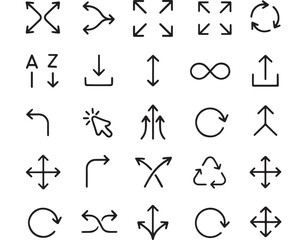 a collection of various black directional arrow symbols and circular looping icons displayed in a grid format on transparent background silhouette high quality professional detailed modern