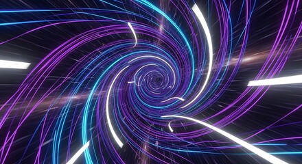 Abstract digital tunnel of swirling neon light trails in vibrant purple and blue colors