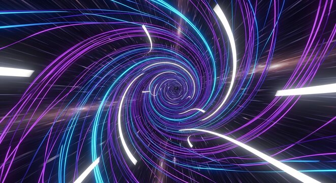 Abstract digital tunnel of swirling neon light trails in vibrant purple and blue colors - Powered by Adobe