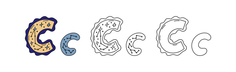Decorative letter C with stars and constellation doodle illustration