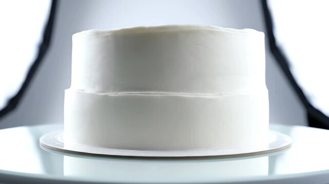 Isolated studio shot of a perfectly plain frosted white layer cake slowly rotating on a seamless reflective surface ready for post production object, baked goods, preparation