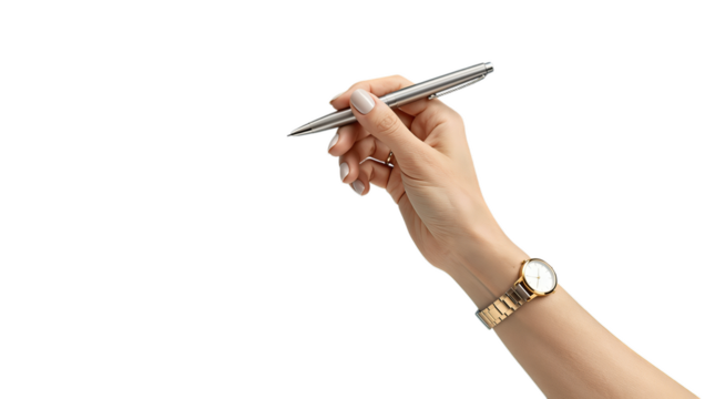 Female hand holding a silver pen with a gold watch - Powered by Adobe