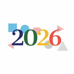 Colorful geometric shapes forming the year 2026 with arrows and abstract elements.