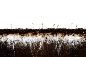 Fototapeta premium Cross-section of soil with sprouting seeds and a visible root system. Plant germination and growth concept with copy space