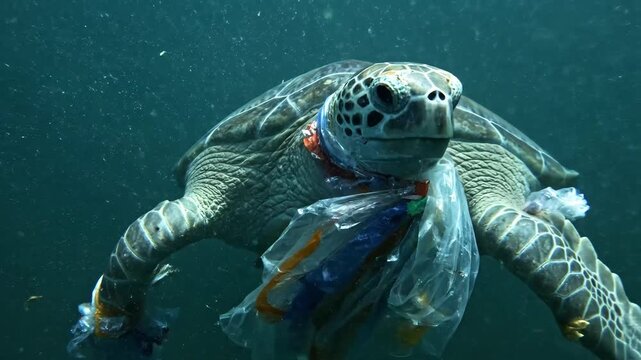 Turtle Collecting Trash from Ocean Floor Highlighting Environmental Pollution