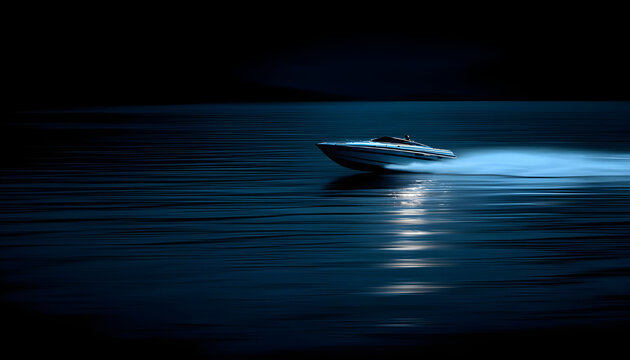 Fototapeta A blue speed boat gliding through the darkness of night