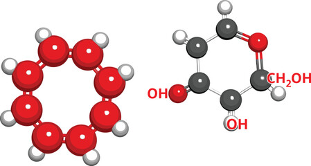 Molecular Structure Vector Set Illustrating Two Different Organic Molecules: Benzene in a Ball-and-Stick Model and a Complex Hexagonal Ring Structure with Hydroxyl Groups, for Chemistry and Scientific