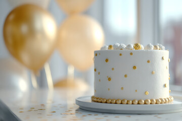 White birthday cake with gold polka dots and pearls. Festive celebration background with balloons and confetti. Sweet dessert for anniversary or party