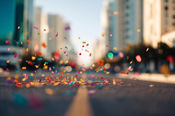 Colorful confetti falling on city street. Urban celebration background with blurred buildings. Copy space for text