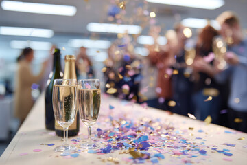 Two champagne glasses and falling confetti on a table. Blurred business team celebrating success at an office party background. Corporate achievement concept