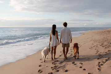 Rear view of a couple walking two dogs on a sandy beach at sunset. Romantic man and woman strolling by the ocean with pets during summer vacation