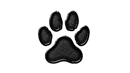 A textured black paw print with a white outline on a solid black background in a square format image