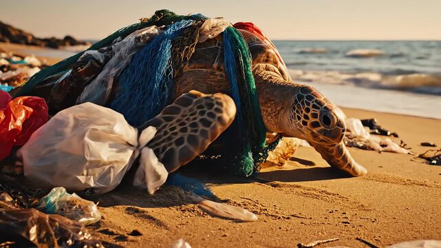 Loggerhead sea turtle struggling to crawl across a beautiful sandy beach heavily infested with tangled nylon fishing nets and dangerous synthetic plastic bags oceanpollution, seaturtle, seashore