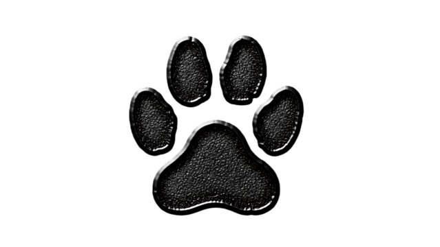 A textured black paw print with a white outline on a solid black background in a square format image