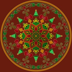 Intricate Christmas Mandala Vector Decoration, Festive Star and Holly Wreath on Red Background