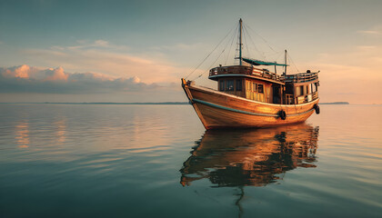 A large boat floating on the surface of calm waters, suitable for use in travel or leisure advertising