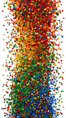 Vertical Rainbow Cascade of Square Confetti Pieces Falling on a White Background