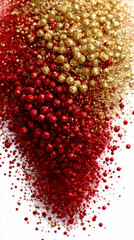 Close-up Vertical Pile of Red and Gold Glitter Powder and Tiny Sparkling Spheres on White