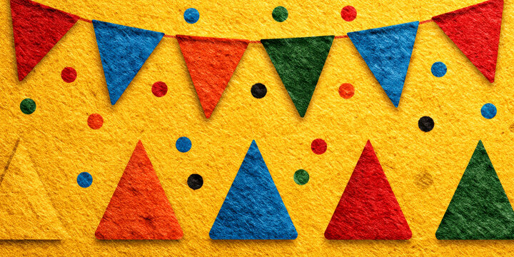 Textured Felt Bunting Garland and Confetti Dots on a Vibrant Yellow Background