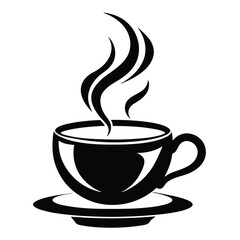 Hot coffee cup placed on saucer emits rising steam in black silhouette