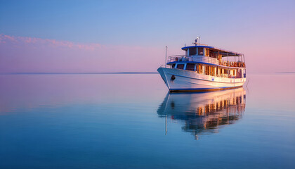 A large boat floating on the surface of calm waters, suitable for use in travel or leisure advertising
