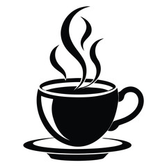 Black silhouette shows a steaming coffee cup setting atop a saucer isolated cleanly