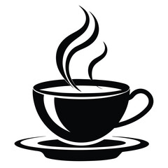 Steaming coffee is shown in a black and white minimalist cup and saucer