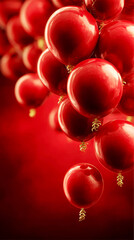 Dramatic Bunch of Shiny Red Balloons with Gold Ribbons Against a Red Gradient Background