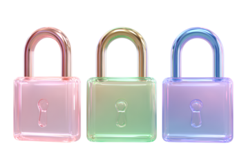 Transparent Rainbow Padlocks in Pink Green and Blue Colors Reflecting Light on Isolated Background for Secure Access