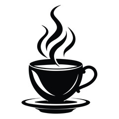 A steaming coffee cup sitting elegantly on a saucer exudes warmth in stark black