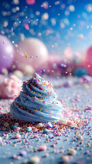 Pastel Blue Whipped Cream Swirl with Rainbow Sprinkles on a Blue Background with Bokeh