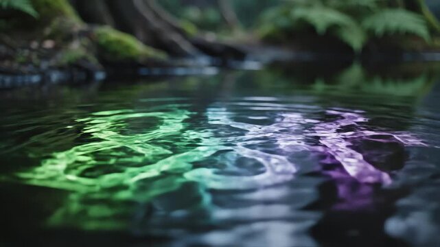 Macro shot of dark, still water surface rippling in unnatural, complex, and hypnotic patterns hinting at deep ancient forest magic calm, moody, stream