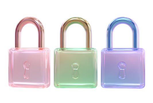 Transparent Rainbow Padlocks in Pink Green and Blue Colors Reflecting Light on Isolated Background for Secure Access