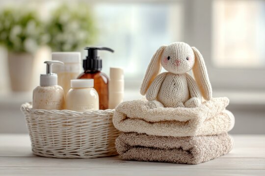 Baby Bath Essentials with Towels and Bunny Toy in Soft Light