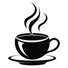 Stylized black cup on a saucer is emitting steamy vapors gracefully upwards