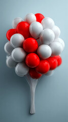 High-Gloss 3D Rendered Red and White Balloon Cluster on a Muted Blue-Gray Background