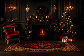 Luxury Christmas living room with warm fireplace glow