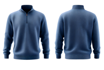 Trendy blue quarter-zip sweater on transparent background suitable for fashion and apparel marketing materials