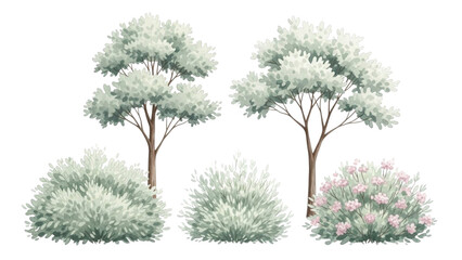 Obraz premium Collection of watercolor style trees and bushes with light green and pale pink foliage isolated on transparent background for garden design