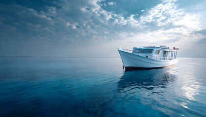 A large boat floating on the surface of calm waters, suitable for use in travel or leisure advertising