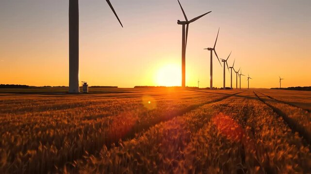 Magnificent golden hour wide shot of several towering wind energy generators spinning slowly as warm sunlight casts long shadows across the textured field of sun-drenched grain silhouette, casts