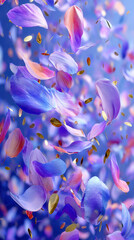 Close-up Vertical Image of Abstract Floating Purple and Orange Petals with Gold Confetti