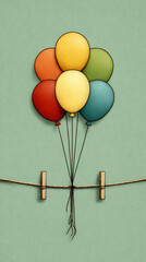 Textured Illustration of Colorful Balloons Tied to a Clothesline with Wooden Clothespins
