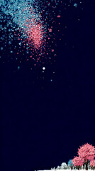 Minimalist Night Sky Background with Pink and Blue Fireworks over a Line of Cherry Blossom Trees
